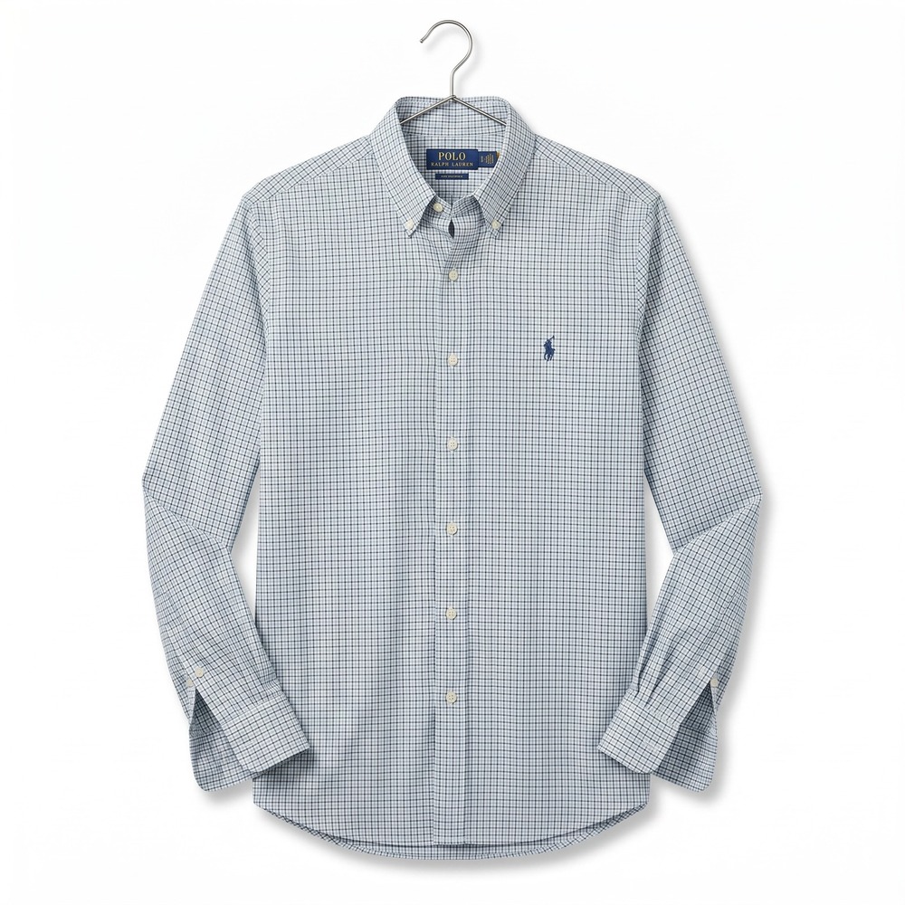 Polo Ralph Lauren Mens Large Green Navy Blue Micro Check Button Down Shirt L/G